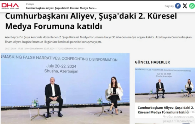 Türkiyə mediası İlham Əliyevin Şuşa mediaforumundakı çıxışını geniş işıqlandırıb