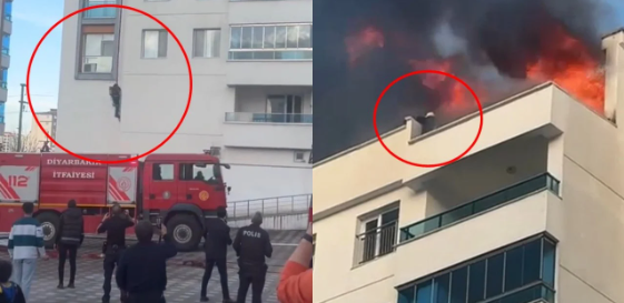 Yanğınsöndürən alovlar arasında qalaraq, hündürlükdən yerə yıxıldı -VİDEO