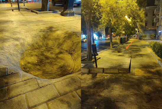 Bakıda səkinin üstündəki "lyuk" təhlükəyə çevrilib - FOTO