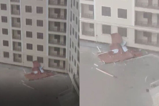 Bakıda külək binanın dam örtüyünü uçurdu - VİDEO