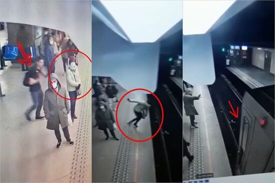 Qorxu dolu anlar: Tanımadığı qadını relslərin üstünə itələdi - VİDEO