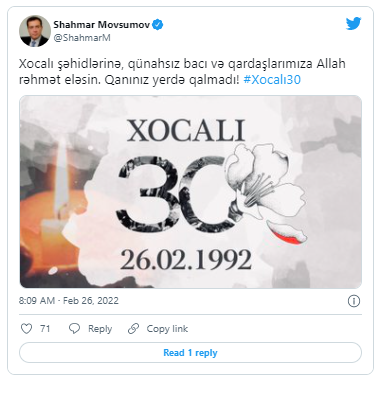 Prezidentin köməkçisi: "Xocalı şəhidlərinin qanı yerdə qalmadı" - FOTO