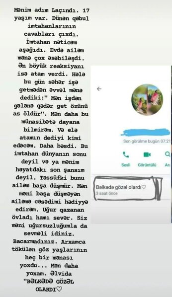 Azərbaycanda imtahanda az bal toplayan qız intihar etdi - Son sözləri yayıldı