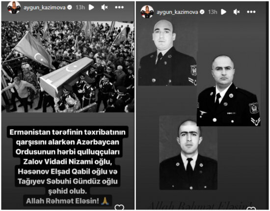 Aygün Kazımovadan şəhid olan hərbçilərimizlə bağlı paylaşım - FOTO