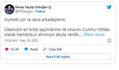 Ərdoğan seçkidən yazdı: "İlk sınaqdan alnıaçıq çıxdıq" - FOTO