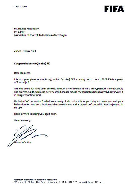 FIFA prezidenti "Qarabağ"ı təbrik edib - FOTO