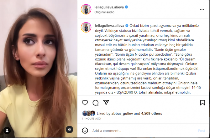 Leyla Quliyevadan ETİRAZ: "Övlad bizim şəxsi əşyamız və ya mülkümüz deyil" - FOTO/VİDEO