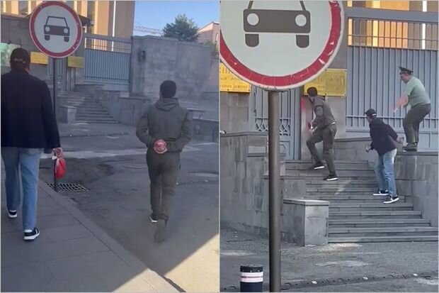 Ermənilər Rusiyanın İrəvandakı səfirliyinin üzərinə qırmızı boya atdılar - VİDEO