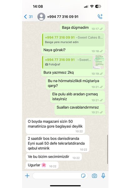 "Sweet.cakes.baku" müştərilərə qarşı hörmətsizlik edir