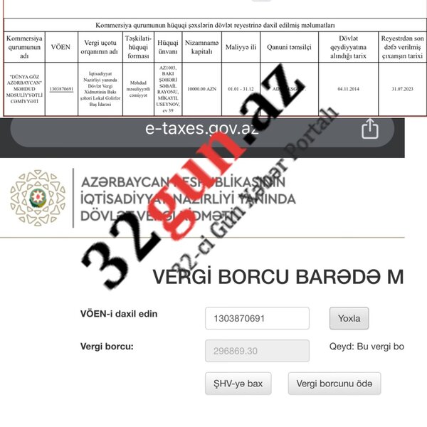 Efirlərdə bəh-bəhlə reklam olunan Dünya Göz Xəstəxanası vergidən yayınır? - 300 min manatlıq borc + Fotofakt