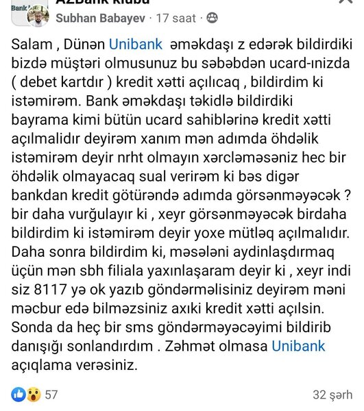 "Unibank" Ucard sahiblərinin adına zorla kredit yazır? - İDDİA