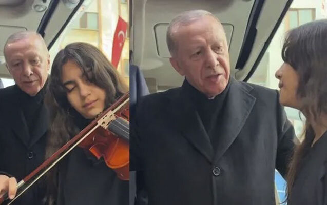 Ərdoğan mahnı oxudu, skripkaçı tələbə ifa etdi - Video