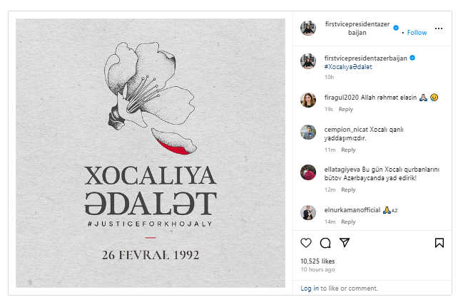 Mehriban Əliyeva Xocalı soyqırımının ildönümü ilə bağlı paylaşım edib