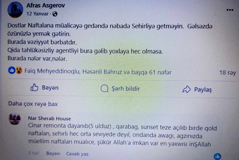 "Naftalana müailəcəyə gedəndə "Sehirli Naftalan"a getməyin" - Narazılıq