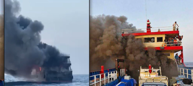 100-dən çox adamı daşıyan bərə yanıb - VİDEO