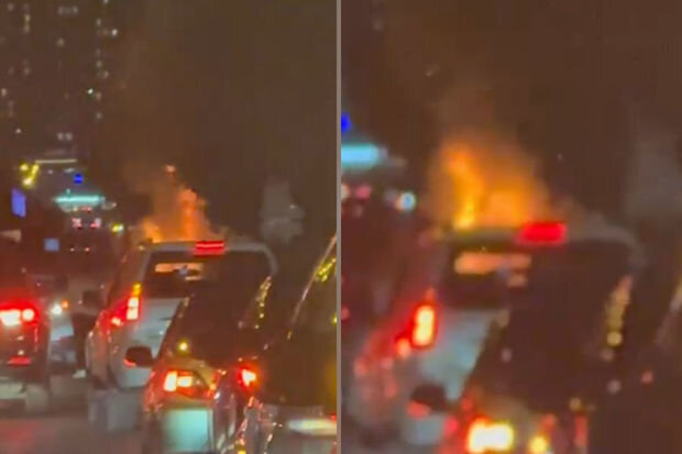 Bakıda avtomobil yanır, yolda tıxac yaranıb - VİDEO