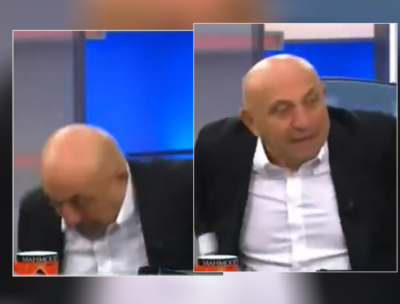 Sinan Engin canlı yayımda stuldan yıxıldı - VİDEO