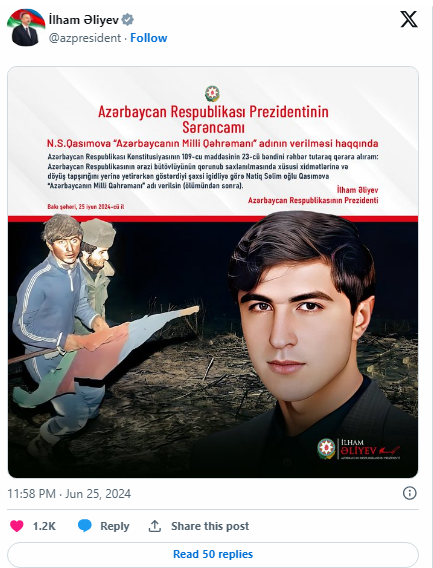 Prezident İlham Əliyev Milli Qəhrəman Natiq Qasımovla bağlı paylaşım edib