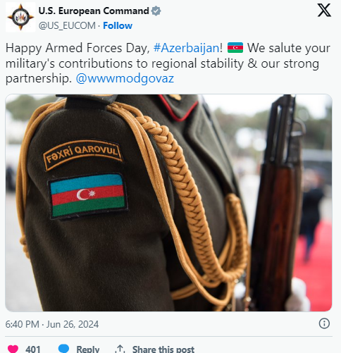 ABŞ ordusunun Avropa Komandanlığı Azərbaycanı Silahlı Qüvvələr Günü münasibətilə təbrik edib