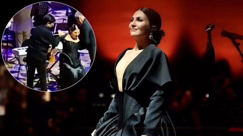 Səhnədə yıxılan Sibel Canı 2 nəfər çətinliklə qaldırdı - VİDEO