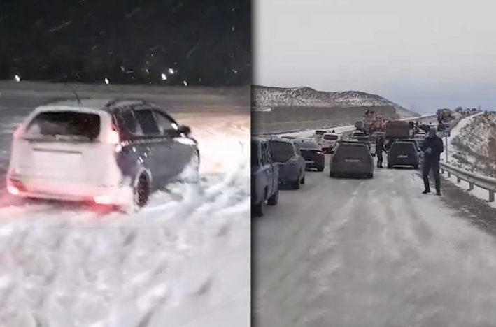 Qar və şaxtalı hava Bakı-Şamaxı yolunda hərəkəti iflic etdi: Sürücülər saatlarla yolda qaldı