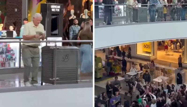Ticarət mərkəzində pul paylayan yaşlı adam izdihama səbəb oldu - VİDEO
