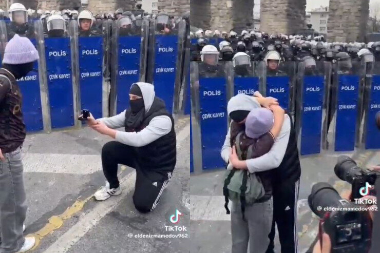 Azərbaycanlı gənc mitinqdə sevgilisinə evlilik təklif etdi - VİDEO