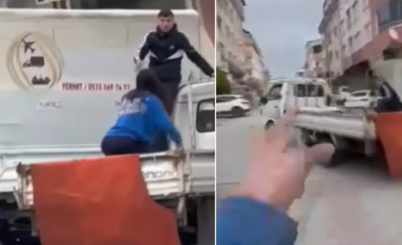 Gənc qız oğruların yük maşınına minərək hadisənin qarşısını aldı - VİDEO