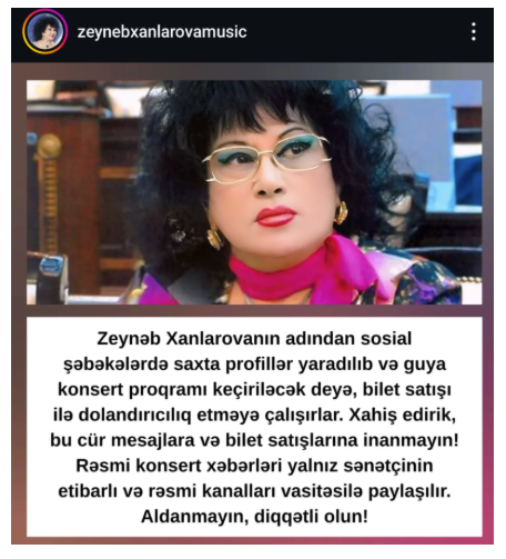 Zeynəb Xanlarovanın adından dələduzluq edildi (FOTO)