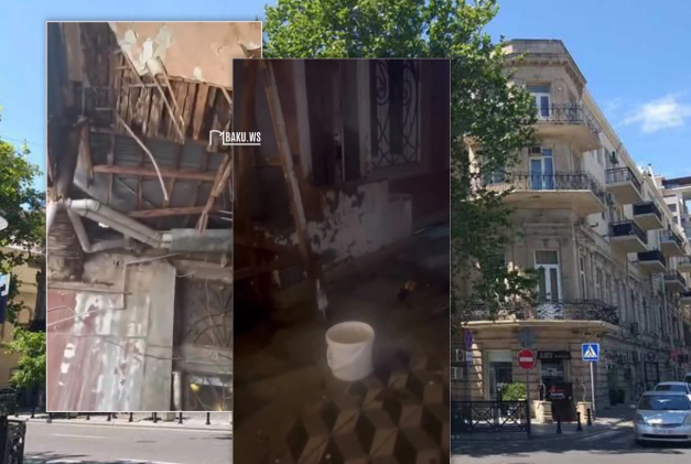 Bakının mərkəzində binanın tavanı çökdü - İçərini su basdı