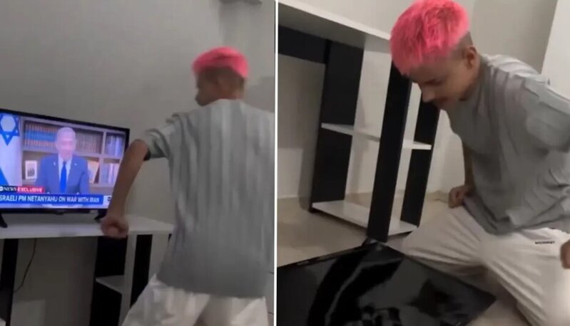 Televizordakı Netanyahu görüntüsünə dözə bilmədi, ekranı sındırdı - VİDEO