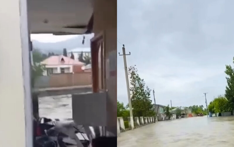Zaqatalada küçələri su basdı, poçt binasını sel apardı - Video
