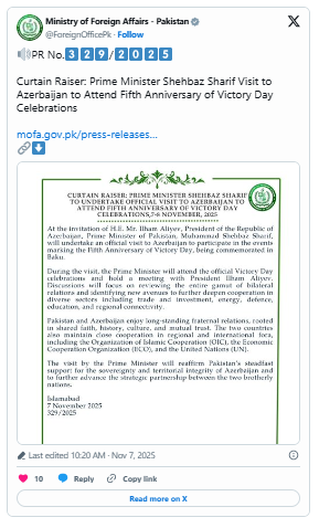 Pakistanın Baş naziri Məhəmməd Şahbaz Şərif Azərbaycana səfərə gəlib