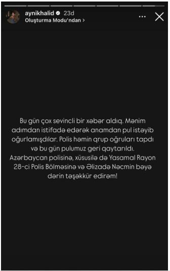 Aybəniz Haşımovadan oğurlanmış pullar geri qaytarılıb