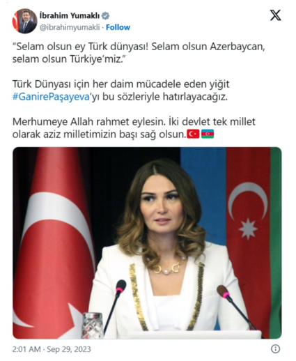 Türkiyəli nazir Qənirə Paşayevadan yazıb - FOTO