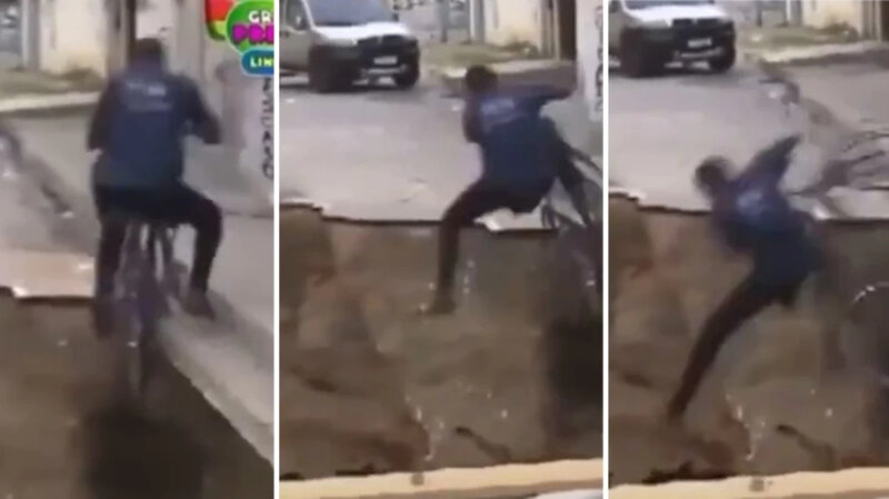 Velosipedçi canlı yayım zamanı yolun ortasındakı çuxura düşdü - VİDEO