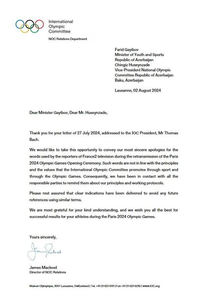 BOK Fransa telekanalına görə Azərbaycandan üzr istədi (SƏNƏD)