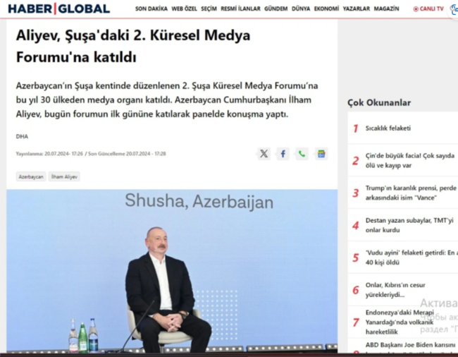 Türkiyə mediası İlham Əliyevin Şuşa mediaforumundakı çıxışını geniş işıqlandırıb