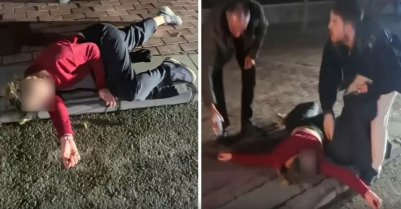 Səkidə uzanaraq qışqıran qadın polisi görəndə qaçmağa cəhd etdi - VIDEO