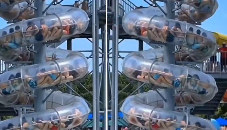 Çində akvaparkda qorxulu anlar: sürüşkəndə qaldılar - VİDEO