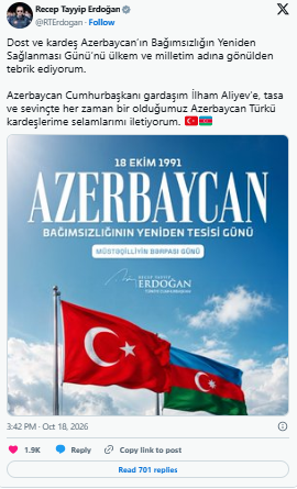 Ərdoğandan təbrik mesajı: "Qardaşım İlham Əliyevlə kədər və sevincdə bərabərik" - Foto