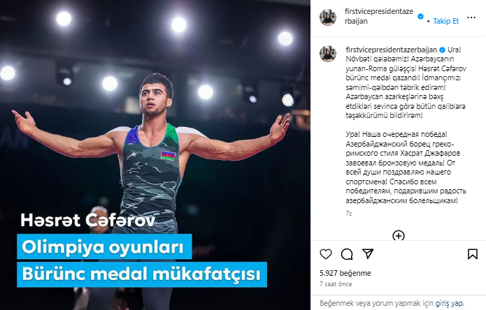 Mehriban Əliyeva Olimpiya Oyunlarının bürünc mükafatçısını təbrik edib