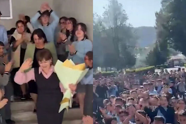 Qaxda 46 il işlədiyi məktəbə vida edən müəllim izdihamla yola salındı - VİDEO