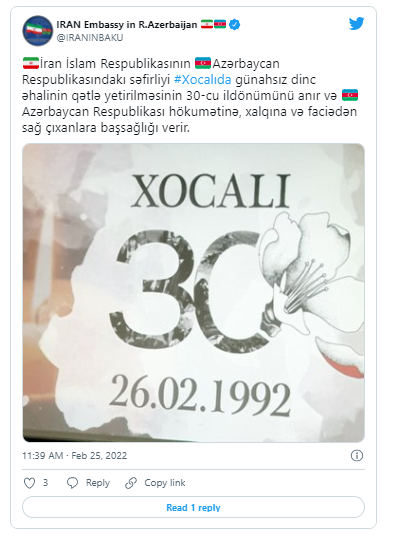 İran səfirliyi Xocalı soyqırımı ilə bağlı Azərbaycan xalqına başsağlığı verib - FOTO