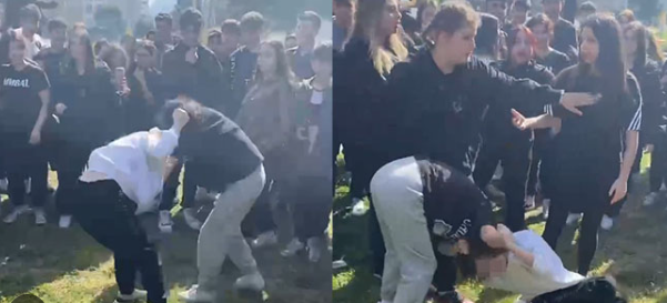 Orta məktəbli qızlar küçə ortasında saçyolduya ÇIXDI - VİDEO