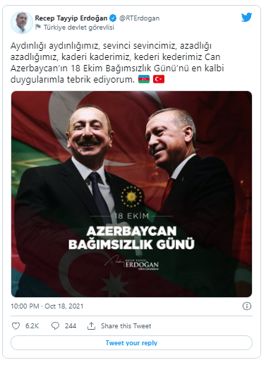 Ərdoğan Azərbaycanı Müstəqilliyinin Bərpası Günü münasibətilə təbrik edib - FOTO