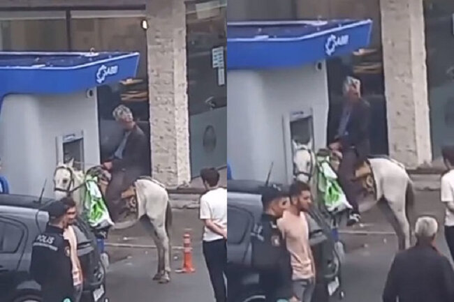 Azərbaycanda kişi at belində bankomatdan pul çıxardı - VİDEO