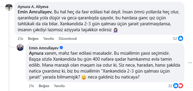 Şərhdə naziri "tag" etdi, o da cavab verdi