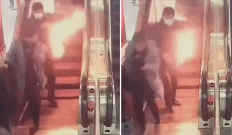 Eskalatordan alov saçaraq düşdü - VİDEO