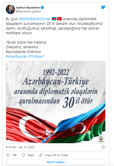 Ceyhun Bayramov Azərbaycan-Türkiyə əlaqələrinin 30 illiyinə görə şeir paylaşdı - FOTO